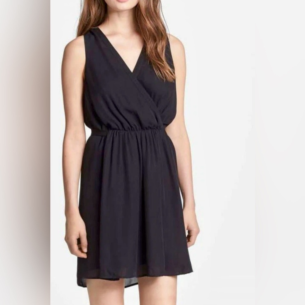 Joie Sleeveless Yonina Surplice V-Neck Faux Wrap Silk Mini Dress in Caviar ZB5
